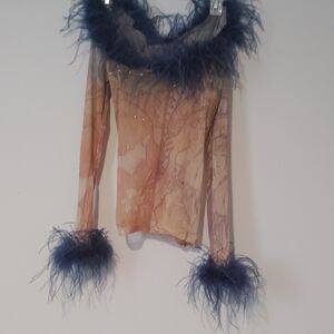 Source Unknown Sheer Top with Blue Feather Trim